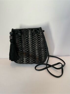 Sharif Black Woven Leather Crossbody Shoulder Bag with Brass Accent